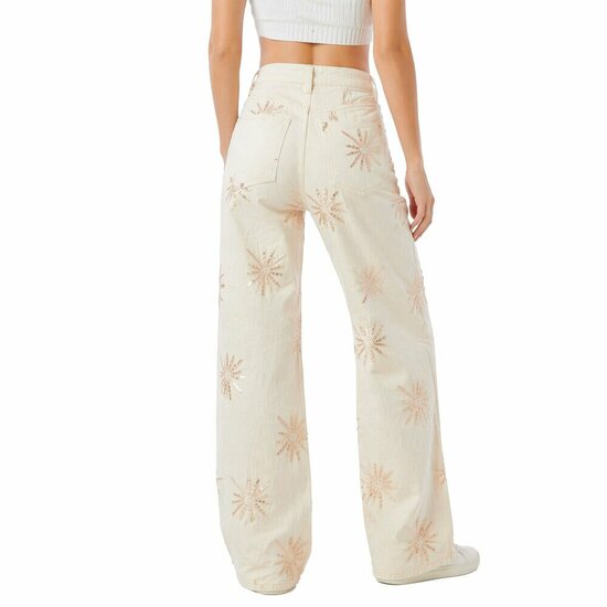 Luxe beige wide leg jeans met verfijnde borduursels