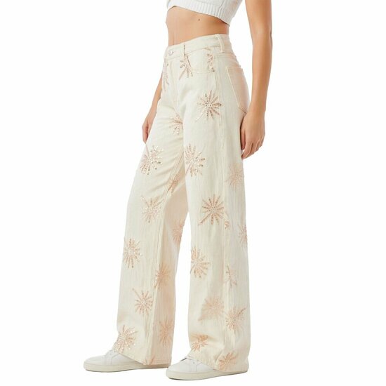 Luxe beige wide leg jeans met verfijnde borduursels