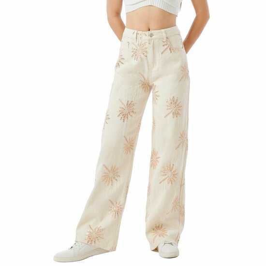Luxe beige wide leg jeans met verfijnde borduursels