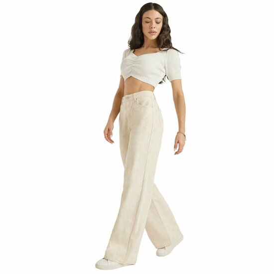 Luxe beige wide leg jeans met subtiele textuur