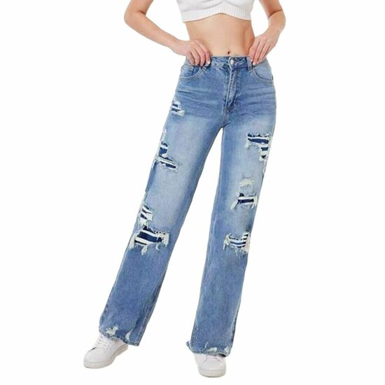 Luxe blauwe wide leg jeans met edgy details