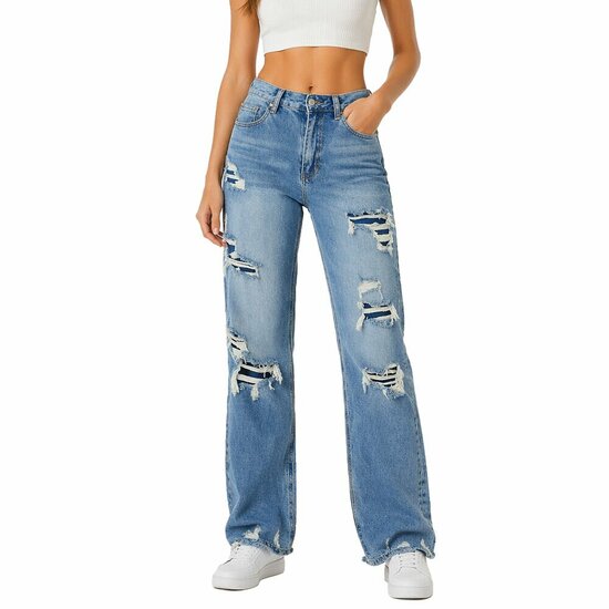 Luxe blauwe wide leg jeans met edgy details