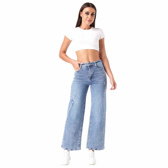 Lichtblauwe wide leg jeans met subtiele details