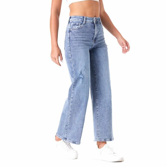 Lichtblauwe wide leg jeans met subtiele details