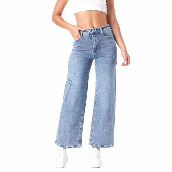 Lichtblauwe wide leg jeans met subtiele details