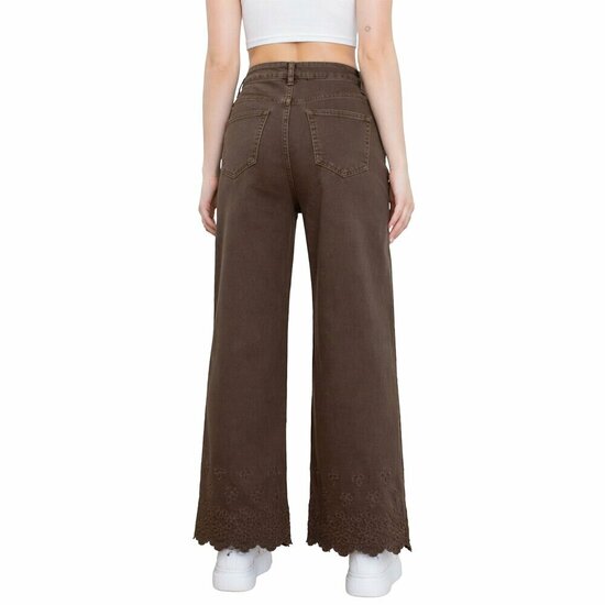 Bruine wide leg jeans met geborduurde zoom