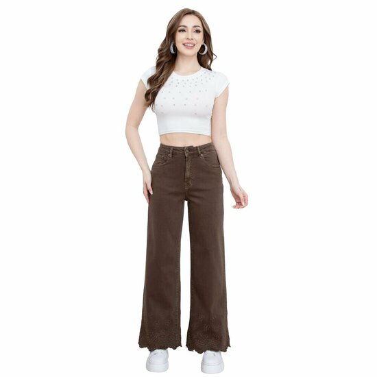 Bruine wide leg jeans met geborduurde zoom