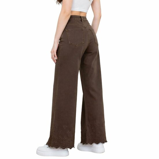 Bruine wide leg jeans met geborduurde zoom