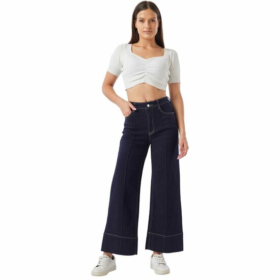 Donkerblauwe wide leg jeans met contraststiksels
