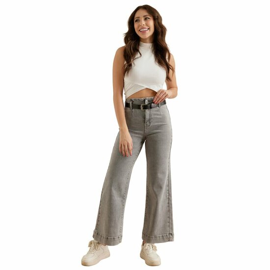 Lichtgrijze wide leg jeans met riem