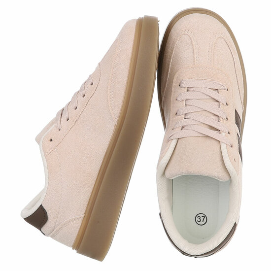 Beige suédine sneakers Carla met platformzool en bruine strepen