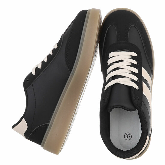 Zwarte suédine sneakers Carla met platformzool en beige strepen