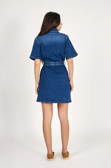 Blauwe denim jurk met ceintuur en korte mouwen-Premium kwaliteit