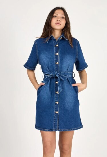 Blauwe denim jurk met ceintuur en korte mouwen-Premium kwaliteit