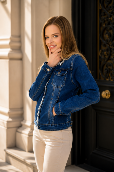 Hippe korte donker blauwe jeans jacket met parels en strass