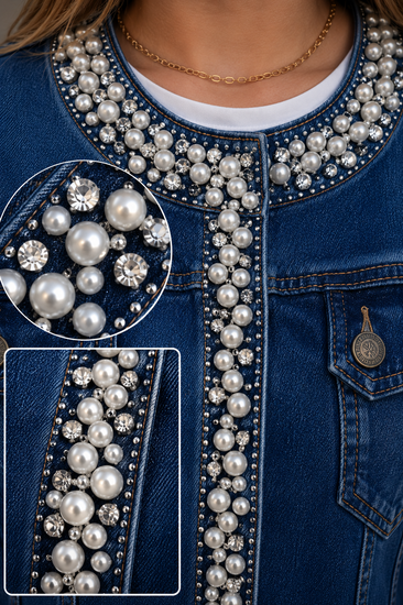 Hippe korte donker blauwe jeans jacket met parels en strass