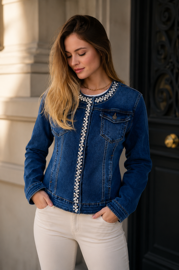 Hippe korte donker blauwe jeans jacket met parels en strass