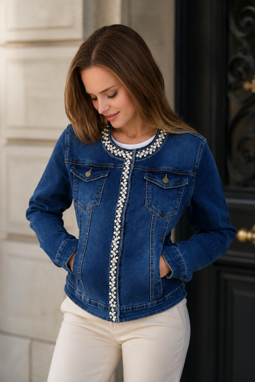 Hippe korte donker blauwe jeans jacket met parels en strass