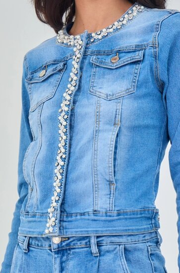 Korte blauwe jeans jacket met parels en strass