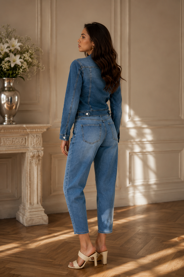 Korte donker blauwe jeans jacket met parels en strass