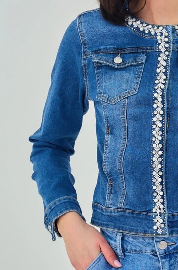 Korte donker blauwe jeans jacket met parels en strass