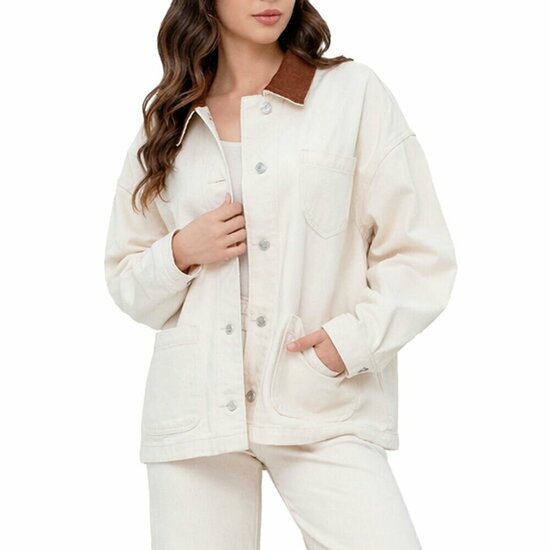 Beige oversized denim jacket met contrasterende kraag