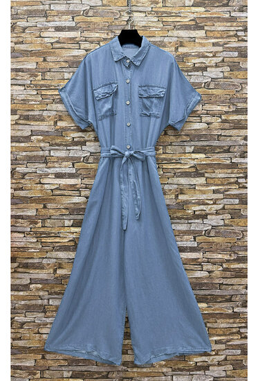 Lichtblauwe fluid denim jumpsuit met ceintuur