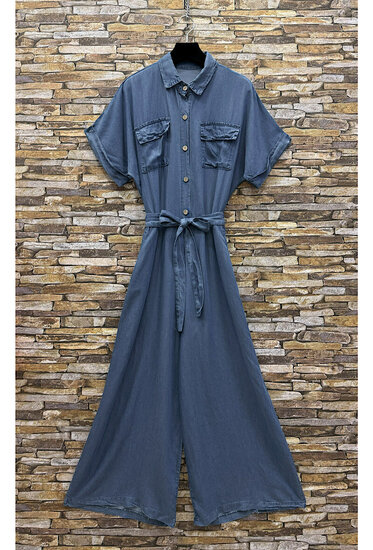 Donkerblauwe fluid denim jumpsuit met ceintuur
