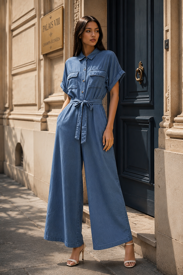 Donkerblauwe fluid denim jumpsuit met ceintuur
