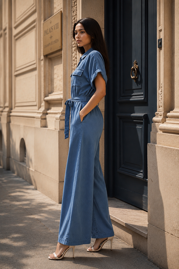 Donkerblauwe fluid denim jumpsuit met ceintuur