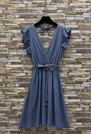 Korte Donkerblauwe fluid denim jurk met volantmouwen