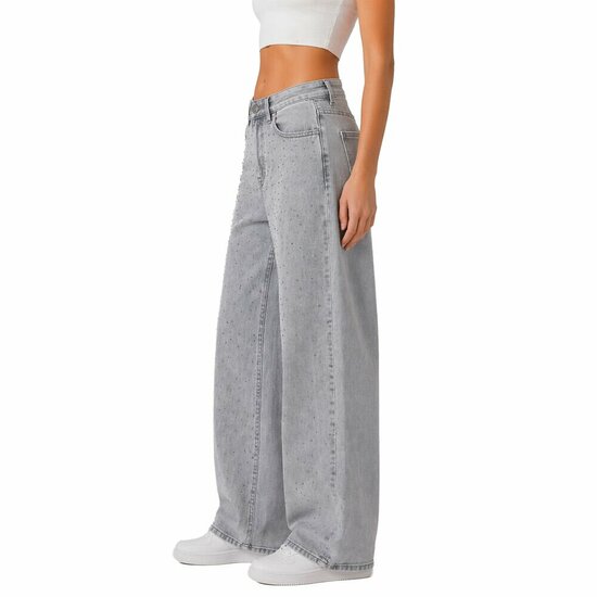 Lichtgrijze wide leg jeans met nailhead details