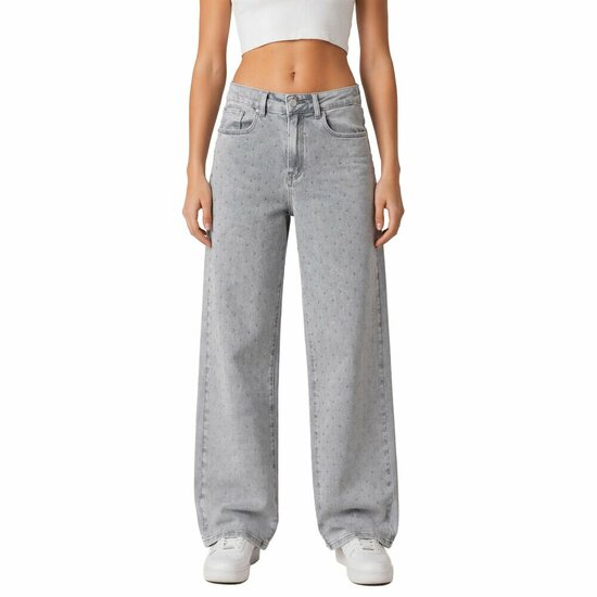 Lichtgrijze wide leg jeans met nailhead details