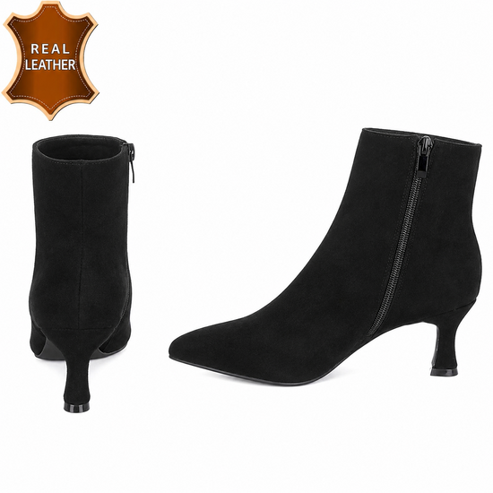 Zwarte leren daimen enkellaarsje met elegante kitten heel-Josie
