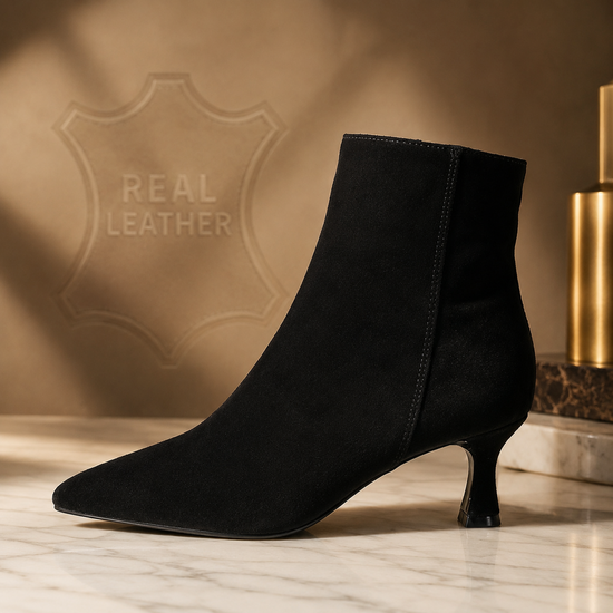 Zwarte leren daimen enkellaarsje met elegante kitten heel-Josie