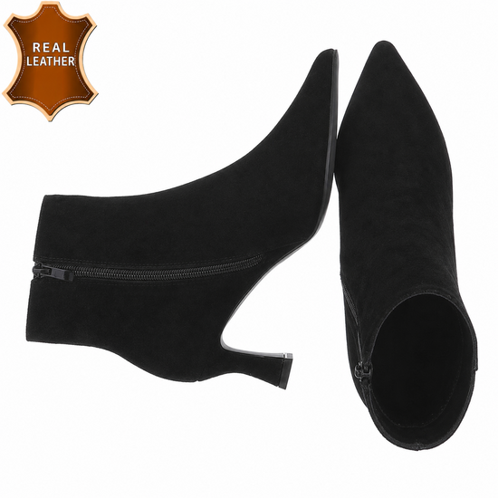 Zwarte leren daimen enkellaarsje met elegante kitten heel-Josie
