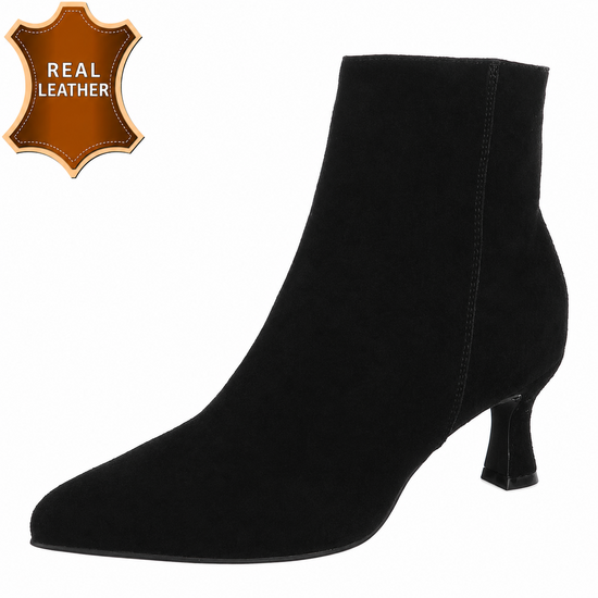 Zwarte leren daimen enkellaarsje met elegante kitten heel-Josie