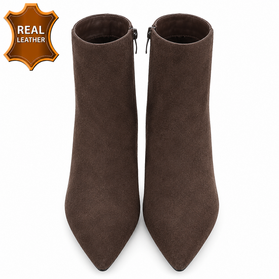 Bruin leren daimen enkellaarsje met elegante kitten heel-Josie