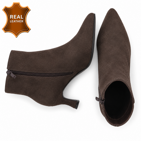 Bruin leren daimen enkellaarsje met elegante kitten heel-Josie
