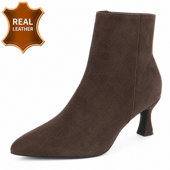 Bruin leren daimen enkellaarsje met elegante kitten heel-Josie