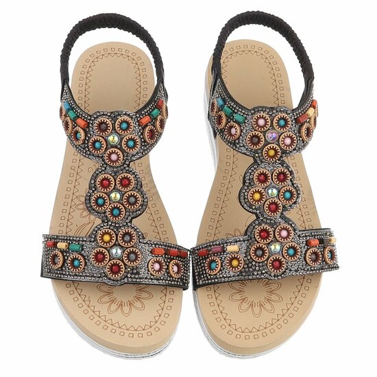 Zwarte boho sandalen met kleurrijke steentjes-Bernica