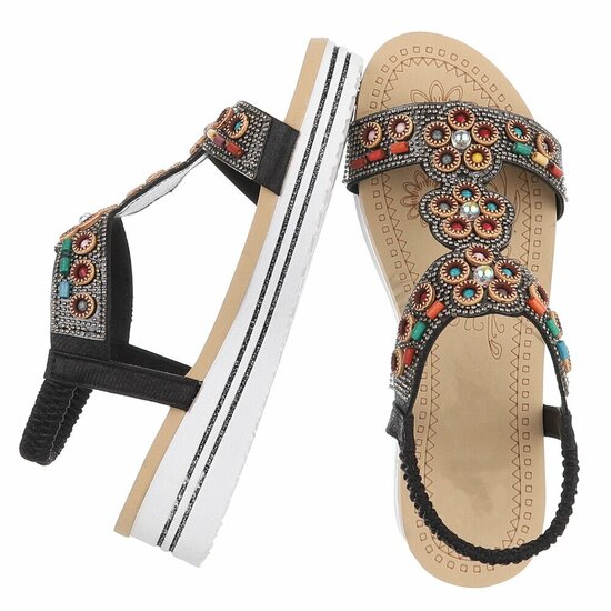 Zwarte boho sandalen met kleurrijke steentjes-Bernica