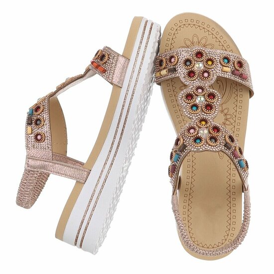 Champagne boho sandalen met kleurrijke steentjes-Bernica