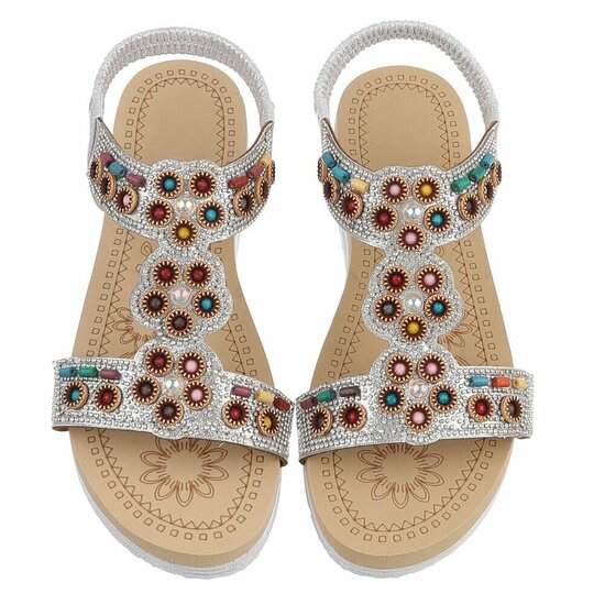 Zilveren boho sandalen met kleurrijke steentjes-Bernica