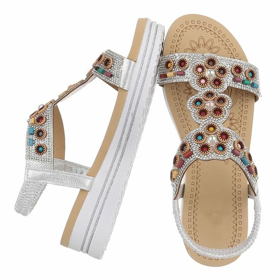 Zilveren boho sandalen met kleurrijke steentjes-Bernica