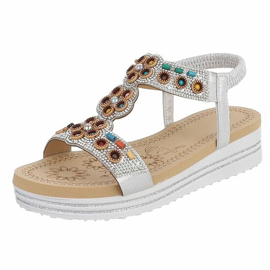 Zilveren boho sandalen met kleurrijke steentjes-Bernica