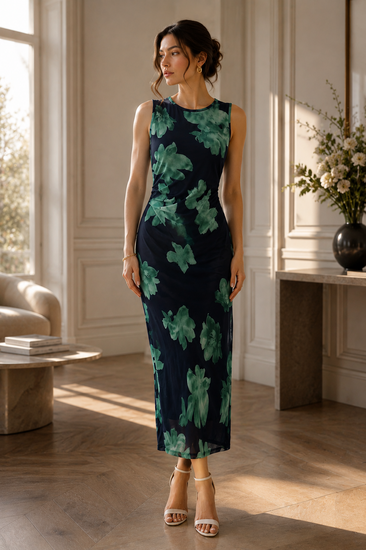 Prachtige lange mouwloze groen-zwarte bodycon jurk