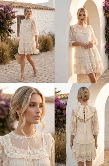 Magnifique robe courte en dentelle de couleur crème