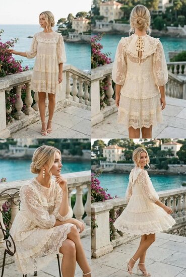 Magnifique robe courte en dentelle de couleur crème