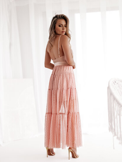Robe longue rose élégante en dentelle et tulle